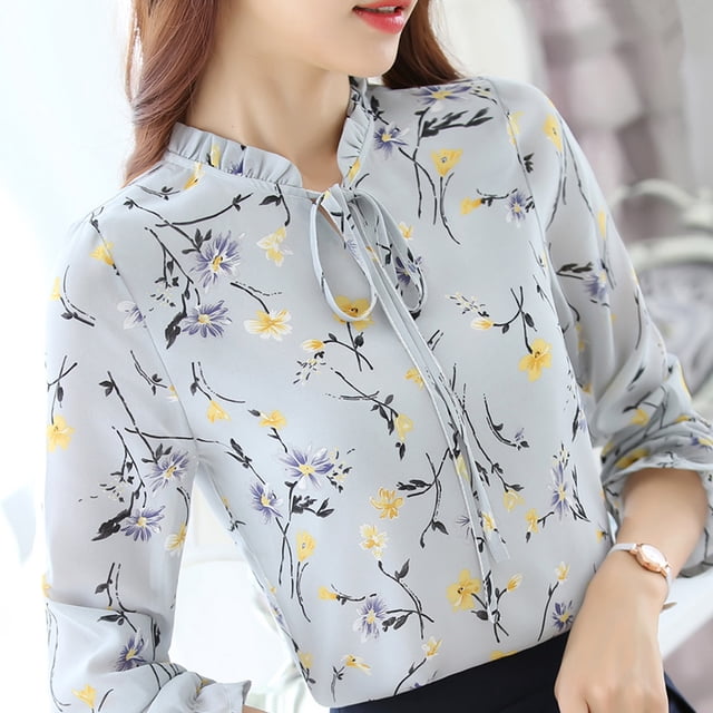Blusa de manga larga con volantes, manga larga con estampado floral Camisa de manga larga con estampado floral Camisa de manga larga con cuello anudado Características de vanguardia