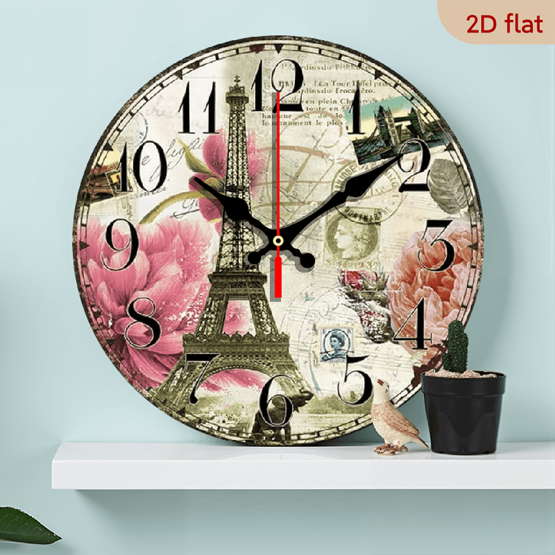 Wooden Wall Clock Paris French Eiffel Tower Pink Flower Clock Retro Vintage Large Clock Home Decorative Country Non -Ticking Silent Quiet 10 Inch Gift
