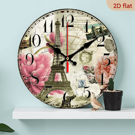 Wooden Wall Clock Paris French Eiffel Tower Pink Flower Clock Retro Vintage Large Clock Home Decorative Country Non -Ticking Silent Quiet 10 Inch Gift