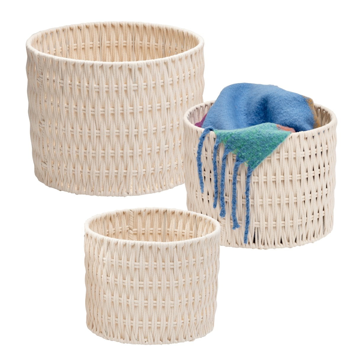 Set of 3 Metal Frame Nesting Round Rope Baskets, White
