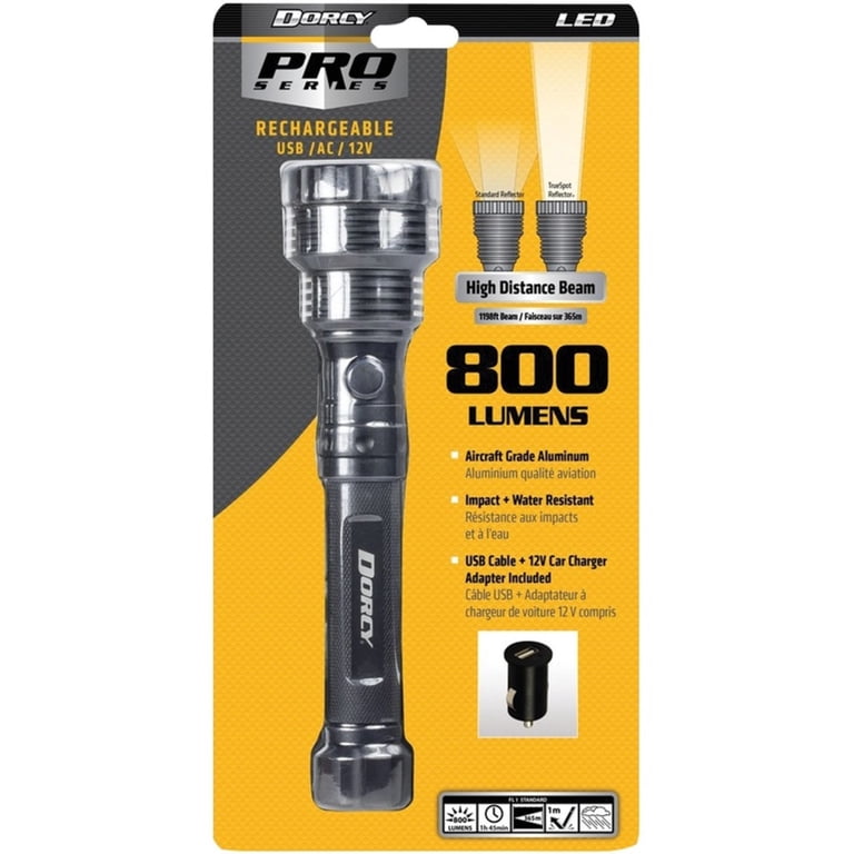 dorcy 12v rechargeable flashlight 120-Lumen Weather Resistant LED with Non-Slip Grip and Nylon Lanyard, Assorted Colors (41-2958) 190 lumen LED (Light Emiting Diode) flashlight features an intense beam of light that projects an output of 200 Dorcy Pro USB Rechargeable 1850
