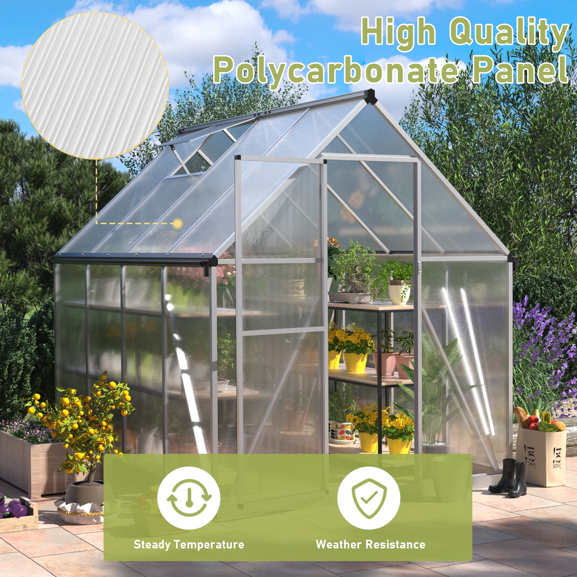 Jaxpety 6'x 8' Walk-in Polycarbonate Greenhouse with Aluminum Frame Lockable Doors Opening Windown, Outdoor Greenhouse,Silver