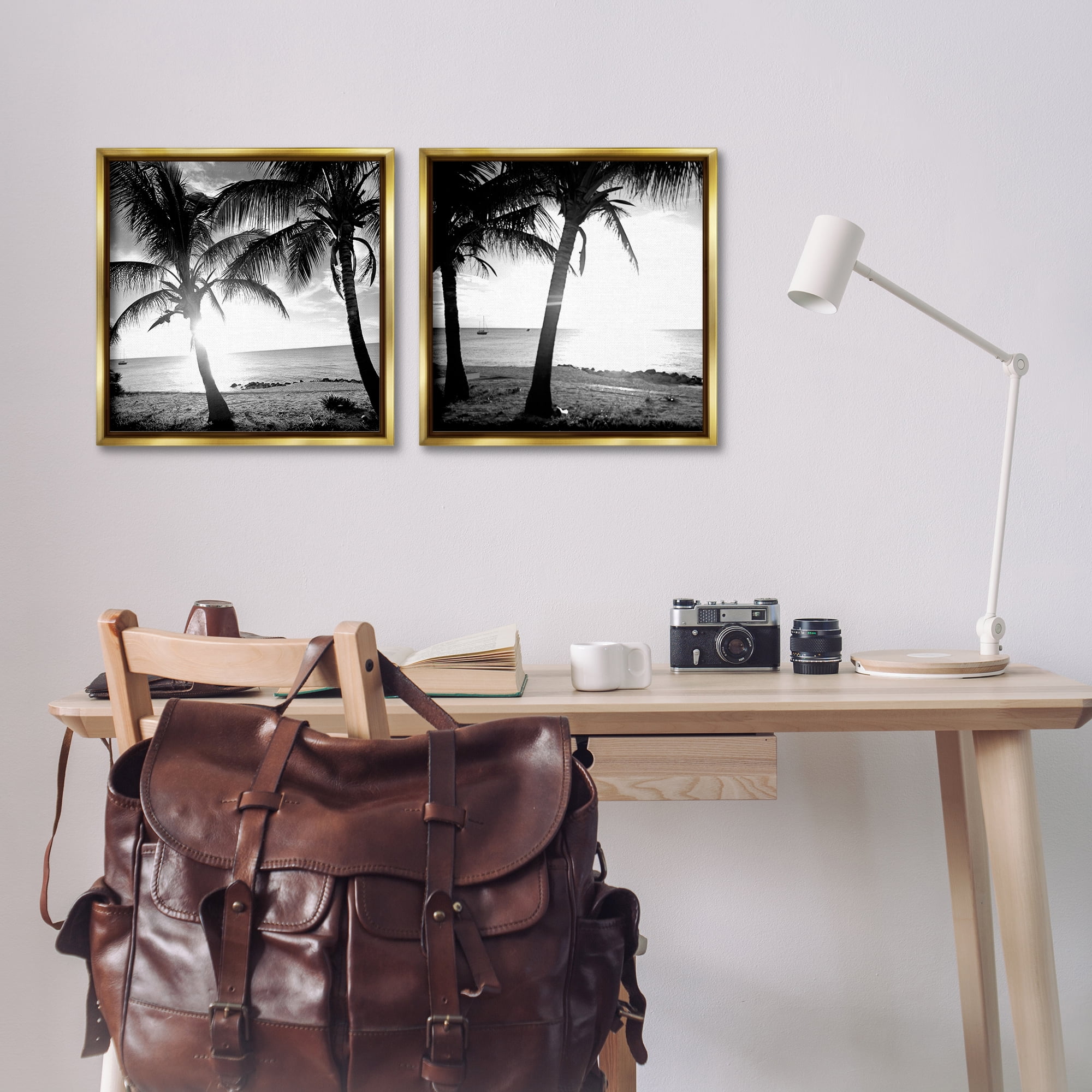 Stupell Industries Tropical Palm Sunset Landscape & Nature Photography Gold Floater Framed Canvas Art Print Wall Art, 18 x 18, Set of 2