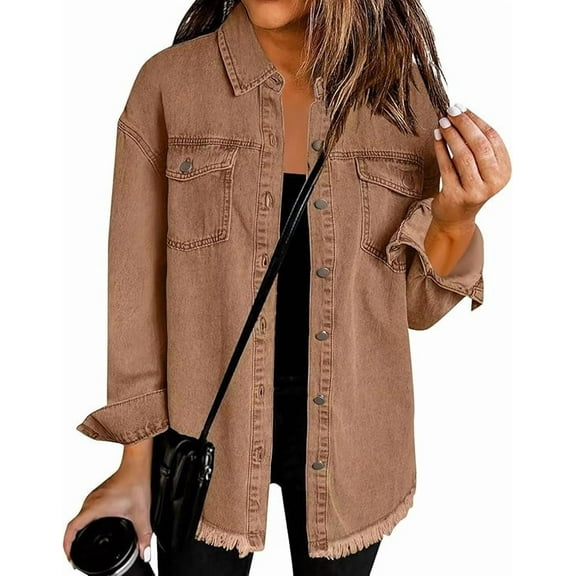Nestiefly Oversized Jean Jacket Women Lightweight Denim Jacket Long Sleeve Shirts Button Down Shirts Retro Denim