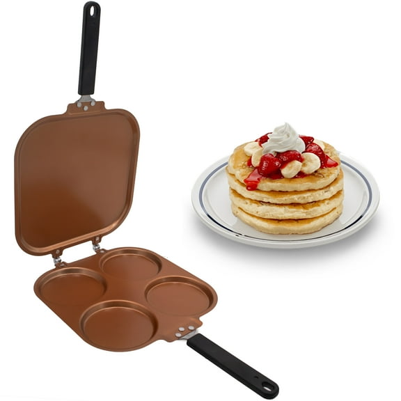 4 Mold Flip Pancake Pan - Dual-Sided Griddle, Copper Nonstick Aluminum Body and Reinforced Hinges, Compact Fold Flat Storage for RVs, Small Kitchens & Apartments