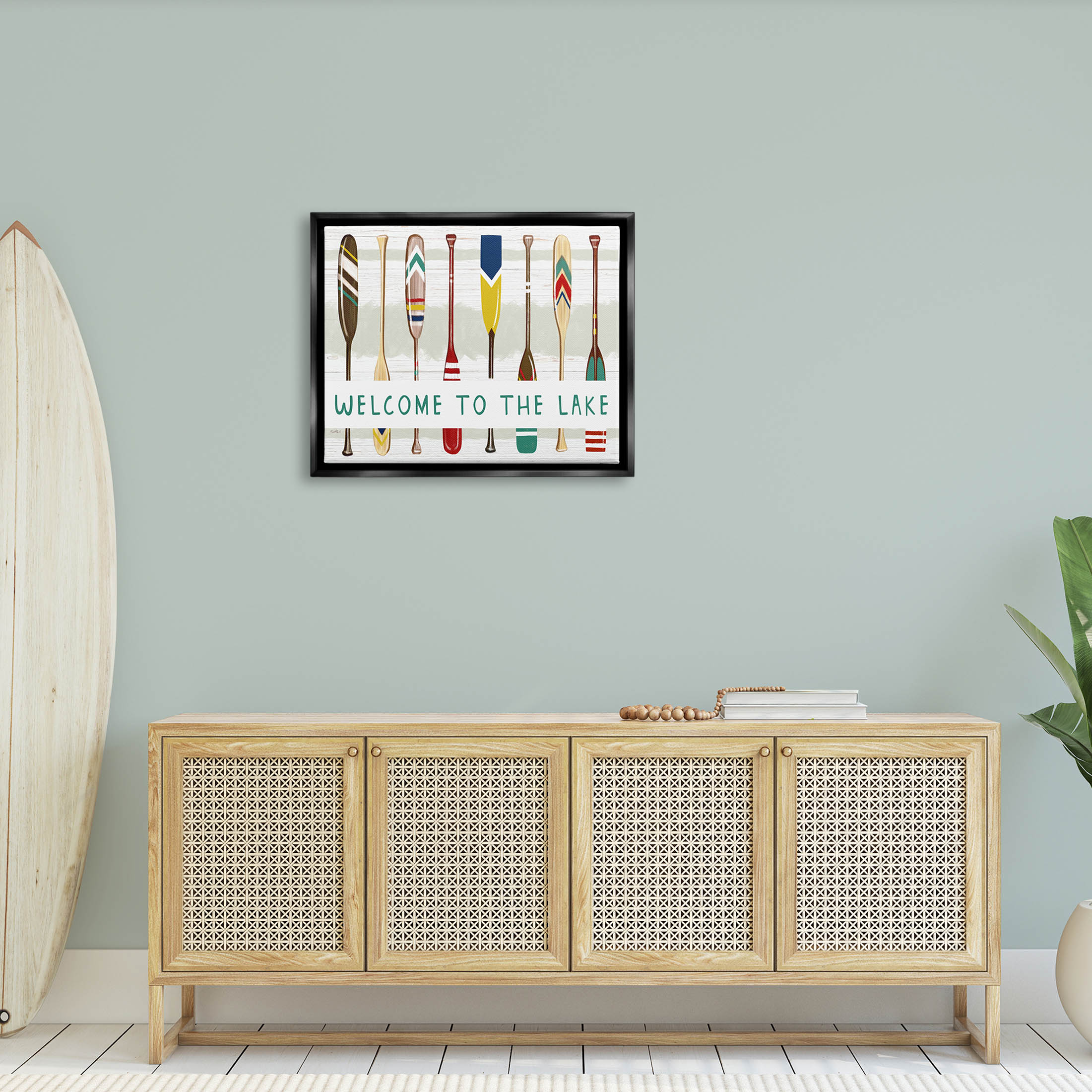 Stupell Industries Lake House Welcome Boat Paddles Graphic Art Jet Black Floating Framed Canvas Print Wall Art, Design by Elizabeth Tyndall