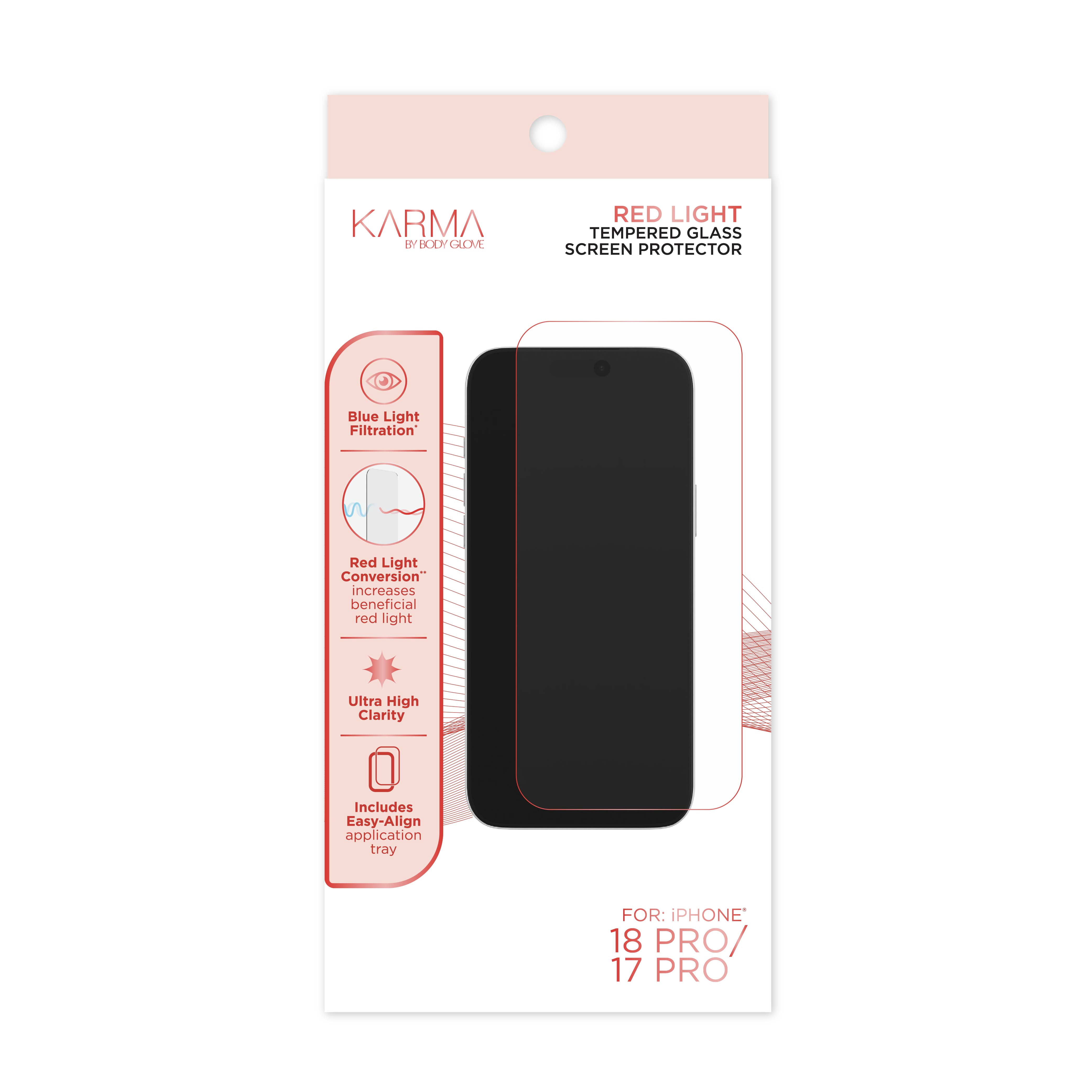 Karma by Body Glove Screen Protector with Red Light Conversion for iPhone 18 Pro / 17 Pro with Easy Application Tray