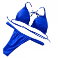 thumbnail image 1 of Women's Split Bikini, Desirable Straps Solid Color Chest Pads Gathered V-neck Backless Swimsuit, Blue (M), 1 of 4