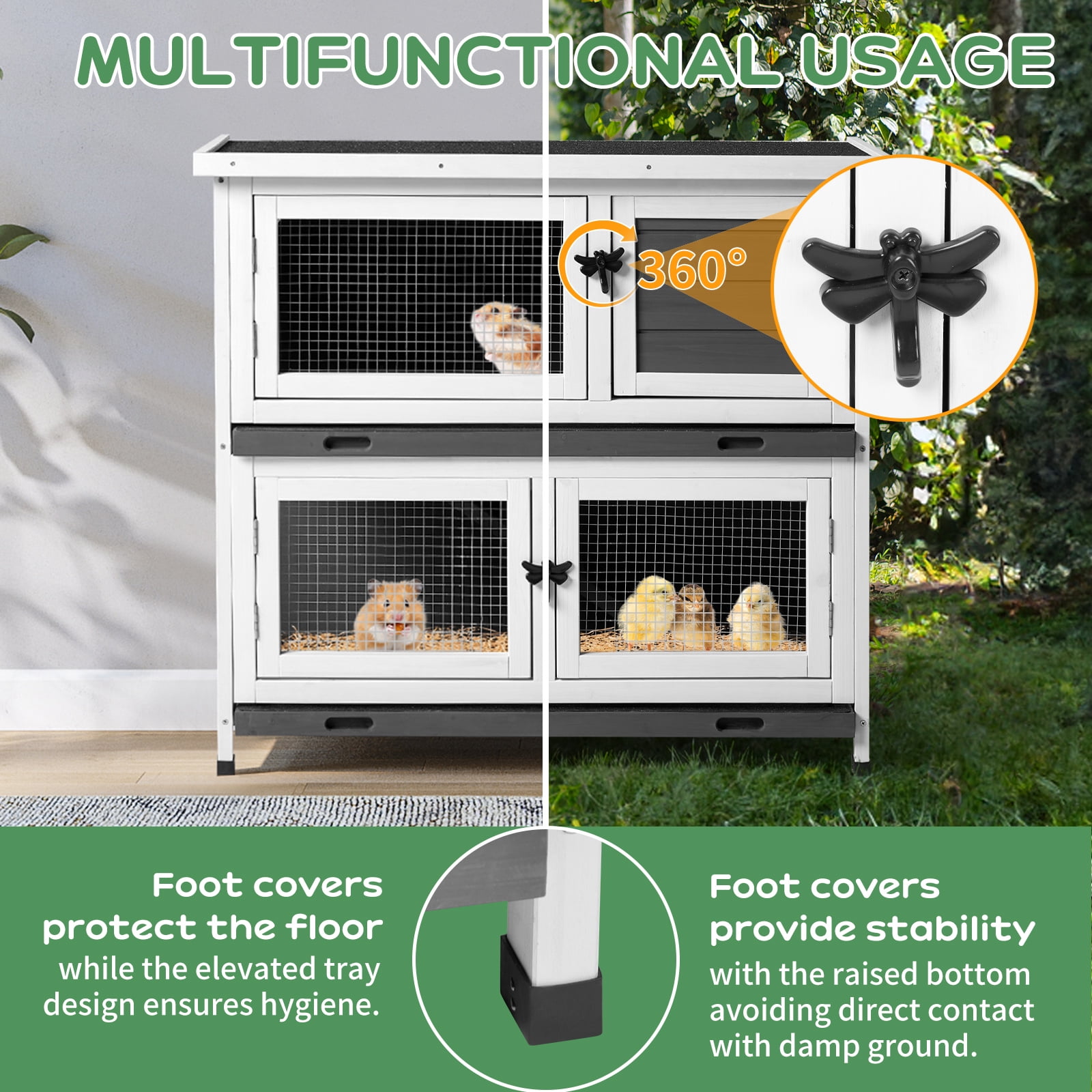 2 Story Solid Wood Rabbit Hutch Bunny Cage with 2 Large Main Rooms, Indoor Outdoor Rabbit House Guinea Pig Cage Pet House for Small Animals with 2 Removable Trays, Grey