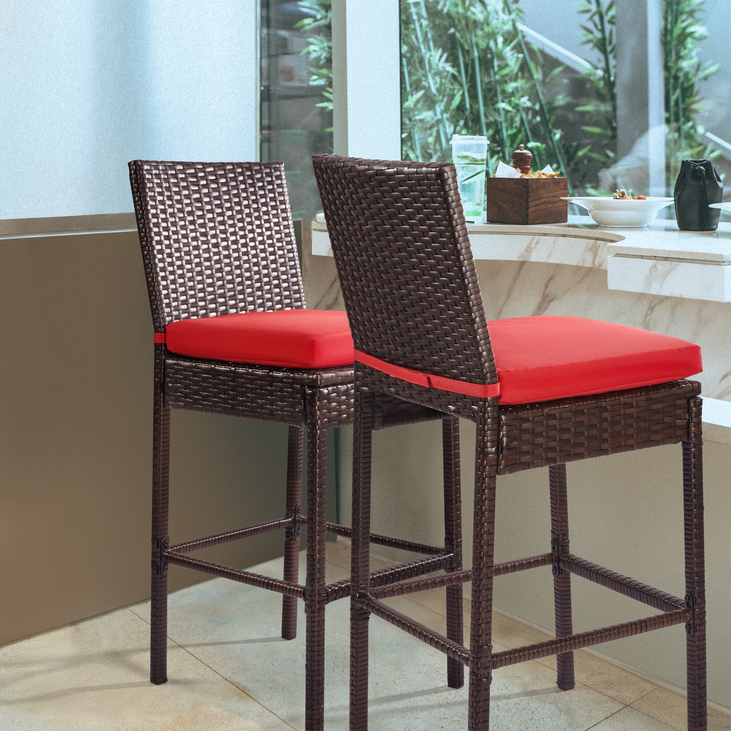 Patio Stools & Bar Chairs Outdoor Wicker Bar Stools Set of 2 Counter Height Bar Stools Patio Chairs Bar Height with Footrest Armless Cushion Red All Weather Rattan for Garden Pool Lawn Backyard - image 3 of 7