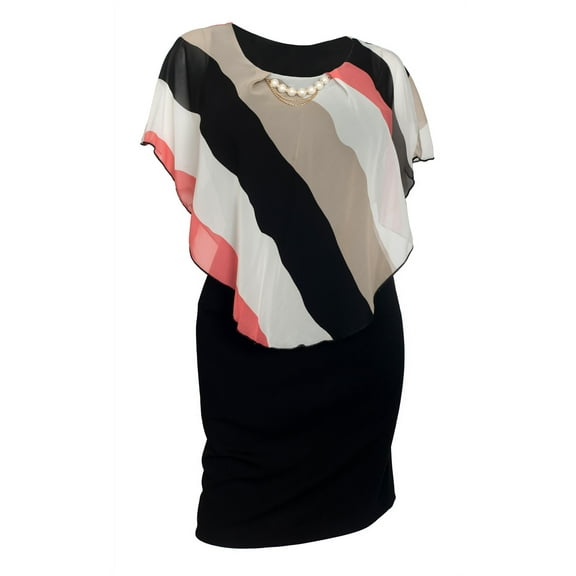 eVogues Plus Size Layered Poncho Dress Stripe Print Coral 1761