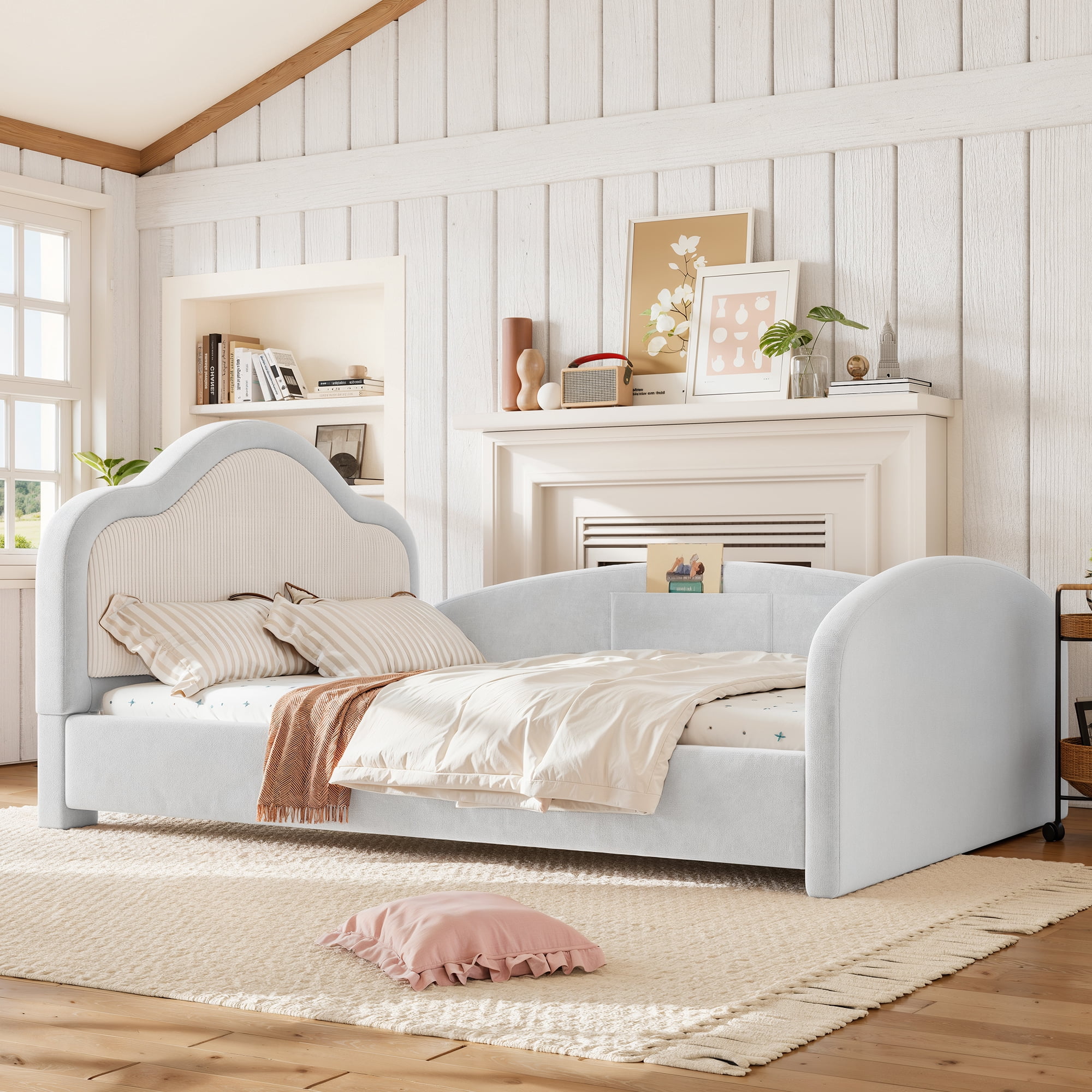 HOQBN Full Size Curved Headboard Upholstered Floor Bed, Upholstered Kids Bed Frame with Safety Side Rails and Storage Pocket, Low Floor Playhouse Bed for Kids Bedroom,Light Gray