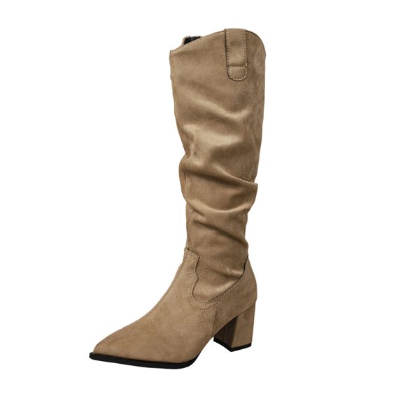 Xfvqtps Knee High Boots for Women Zipper Back Chunky Low Heel Pointed Toe Suede Tall Boots