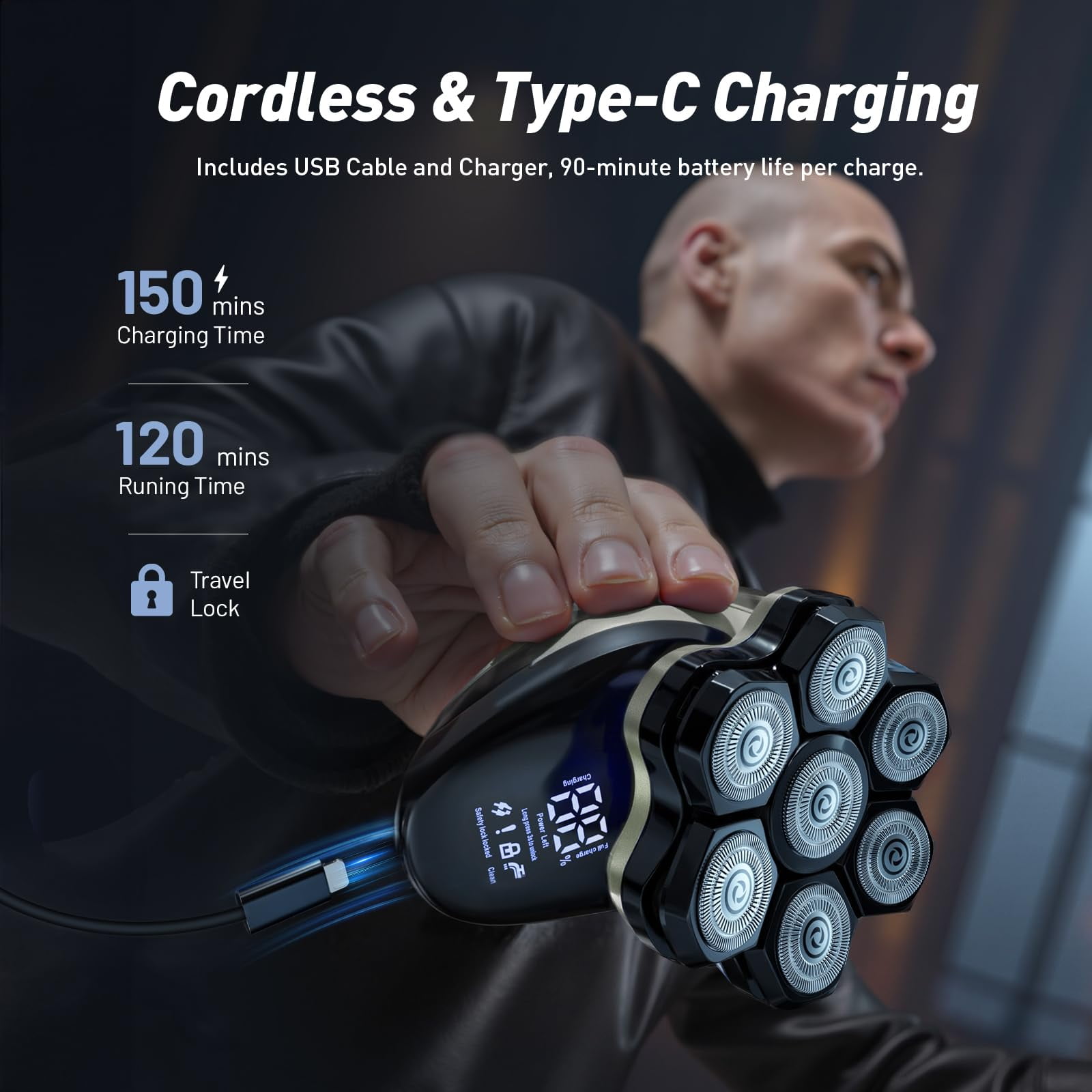 Nogroa Head Shavers for Men, 7D Bald Head Shaver, Magnetic Detachable Electric Razor, IPX6 Waterproof Wet/Dry Hair Beard Trimmer, Grooming Shaving Kit with LED Display & USB-C Charging, Grey