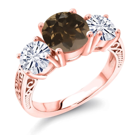 Gem Stone King 18K Rose Gold Plated Silver Brown Smoky Quartz and White Moissanite Engagement Ring for Women | 3.40 Cttw | Round 8MM | Gemstone Birthstone | Size 7