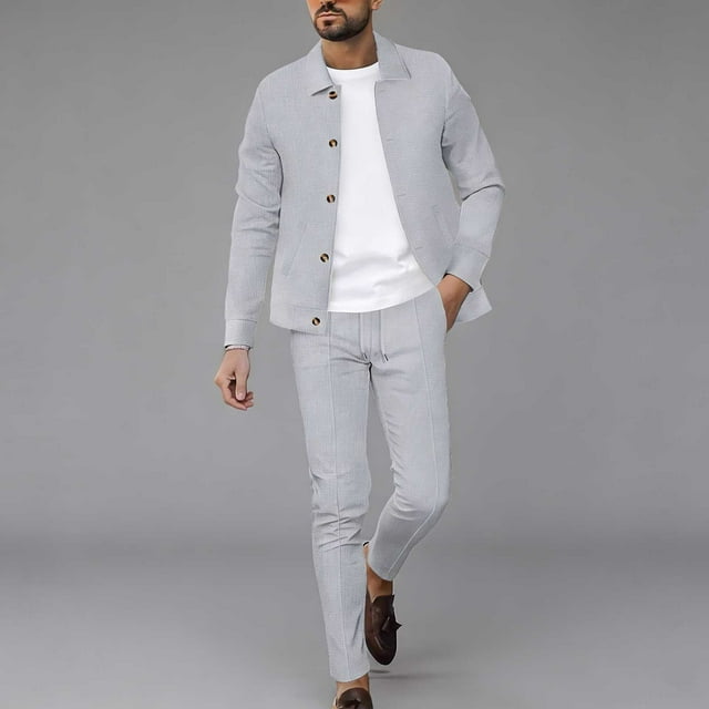 Ceisia Men's Slim Fit Waffle Knit 2-Piece Set Long Sleeve Button-Down Jacket with Elastic Waist Drawstring Pants Gifts