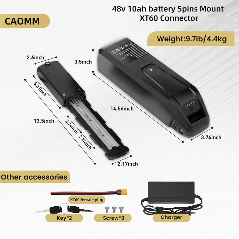 Caomm 48V 10Ah Removable Ebike Battery, 1000W, Waterproof Lithium