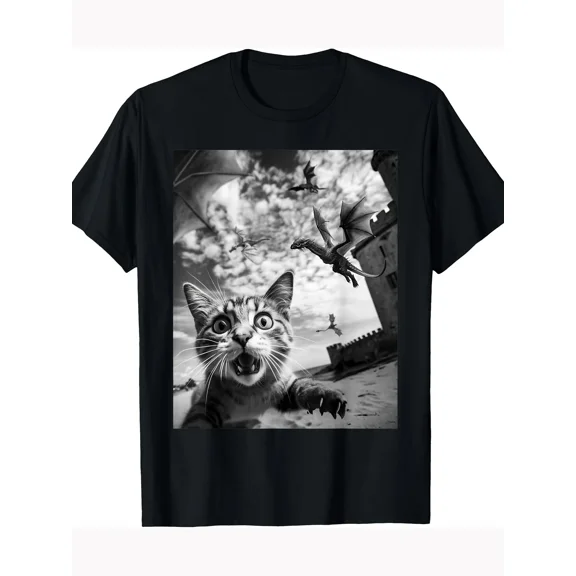 180G Funny Cat Selfie with Dragon 100% Cotton T-shirt