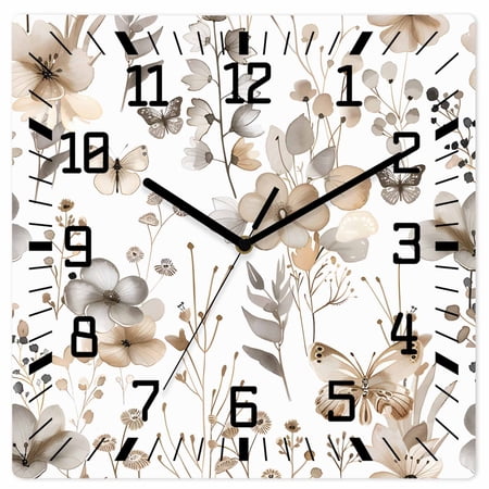 Brown Grey Floral Spring Wooden Wall Clock Silent Non Ticking, Watercolor Botanical Butterfly Square Wall Clocks Battery Operated, Decor Clock for Home Office, Living Room, Kitchen, 10 Inch
