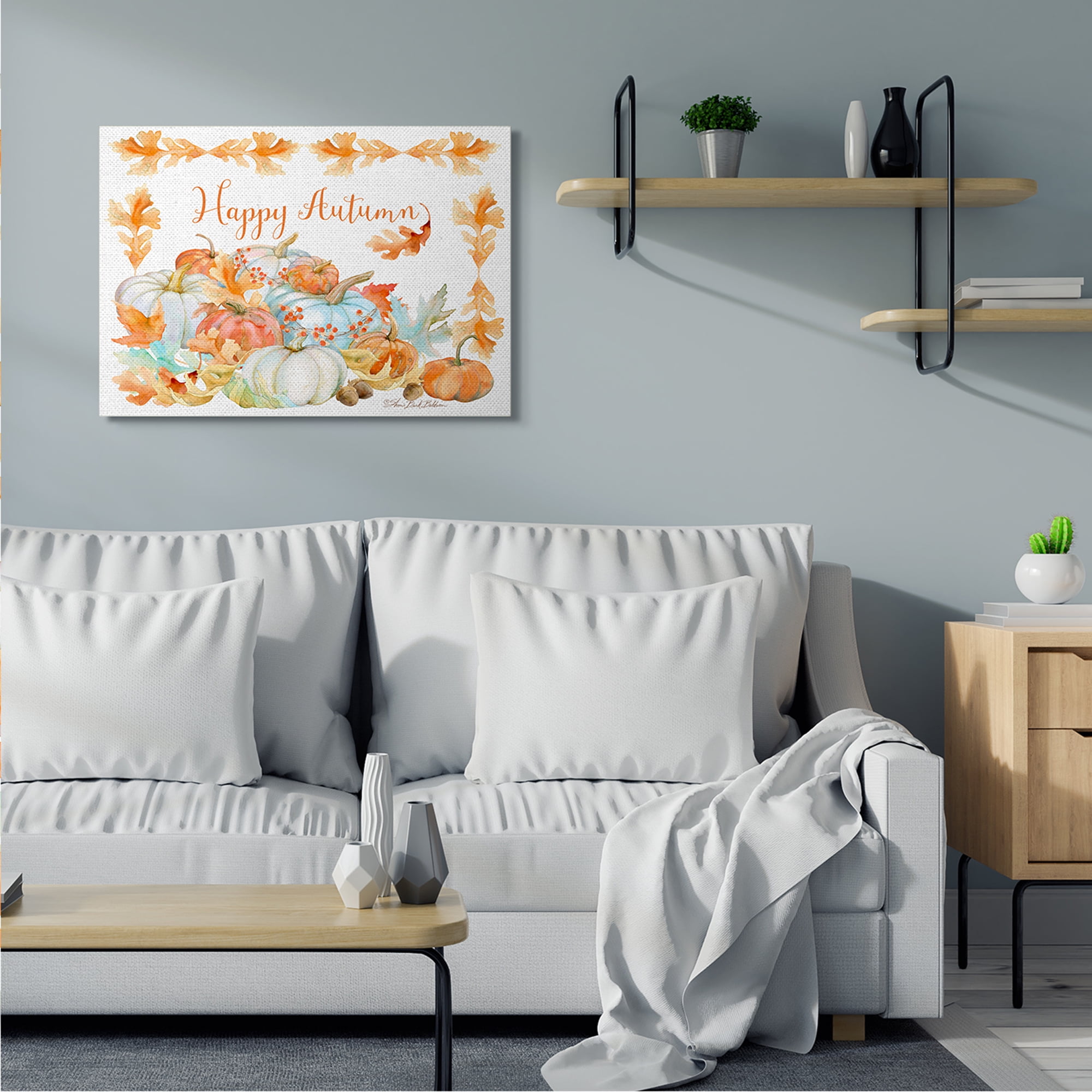 Stupell Industries Happy Autumn Phrase Pumpkin Harvest Foliage Border Typography Painting Gallery Wrapped Canvas Art Print Wall Art, 30 x 40