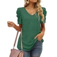 thumbnail image 3 of Womens Summer Shirt V Neck Casual Tshirts Puff Sleeve Tops for Women Solid Color XS-3XL Hort-Sleeved Top With Pleated Seams And V-Neck Design Green M, 3 of 5