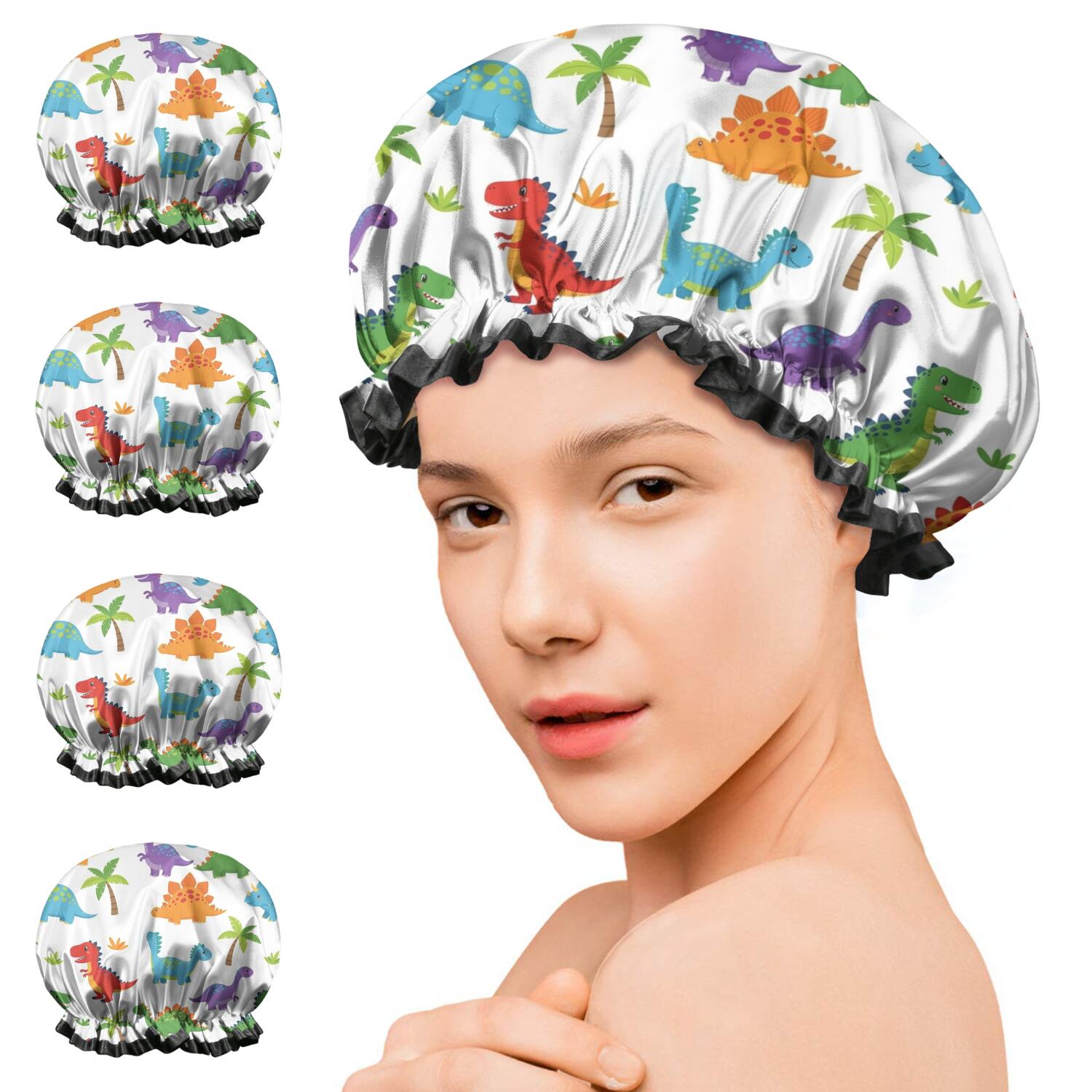Shower Caps,White Dinosaurs Colorful Species Palms Pattern Waterproof Shower Cap for Women 4 Pieces,Double Reusable Hair Cover for Shower PEVA Elastic Stretch Hem