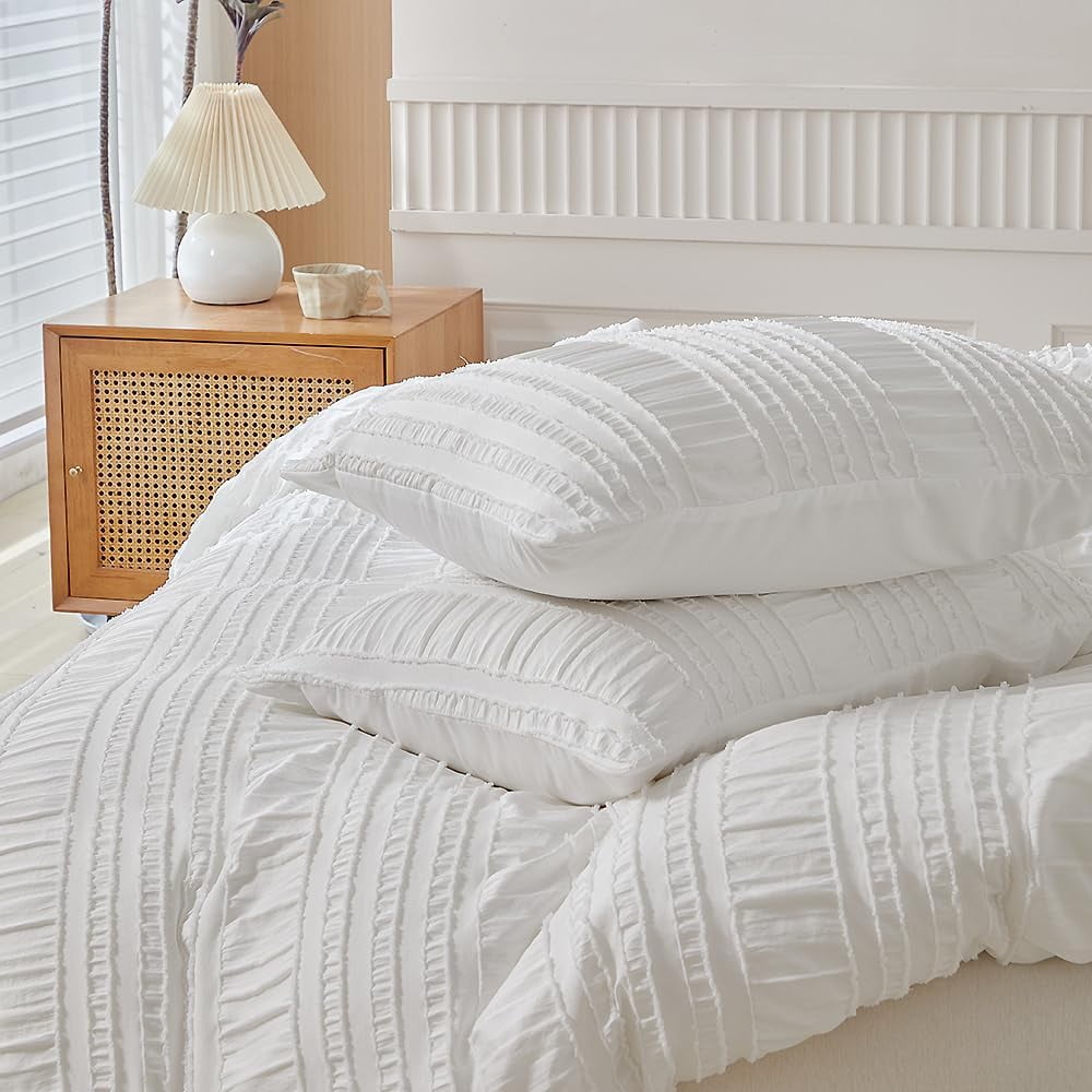 JOLUSERE White Duvet Cover King Sets, 3 Pieces Soft Breathable Striped Textured Comforter Cover Set