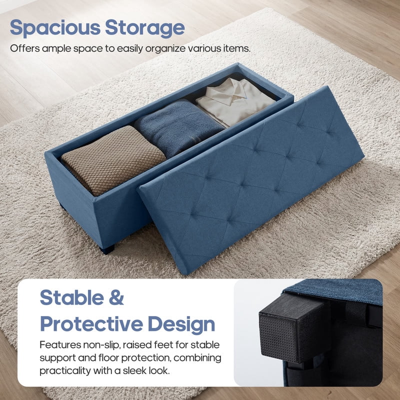 Gianna 43 Inch Storage Ottoman Bench, Tufted Upholstered End of Bed Chest, Foot Rest with Legs, Ample Capacity for Living Room, Entryway, Blue