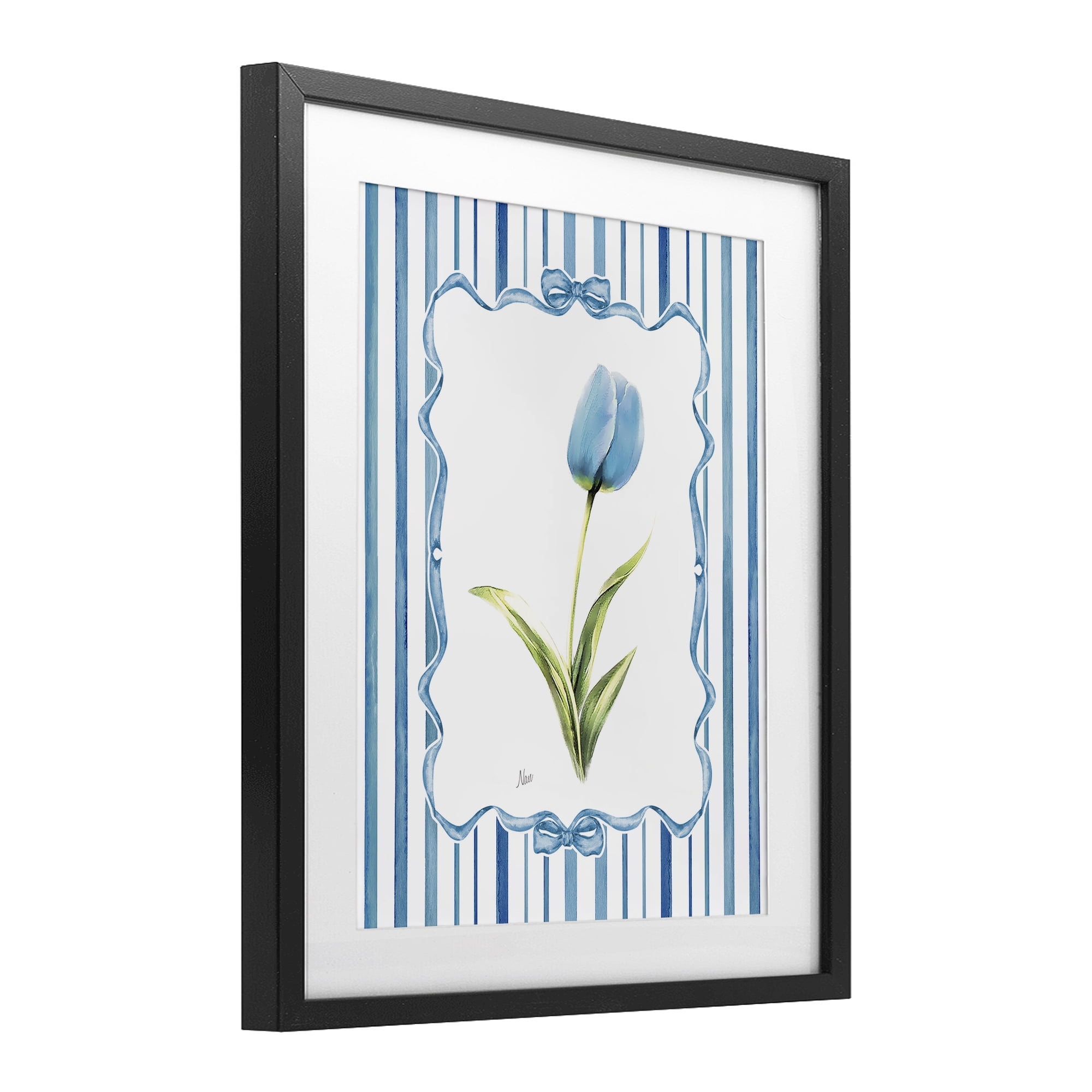 Stupell Industries Blue Tulip & Ribbon Border Black Framed Print Under Glass, design by Nan