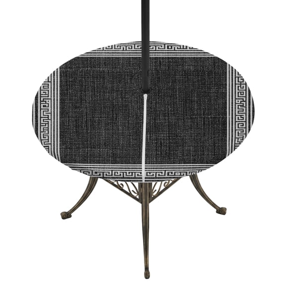 Outdoor Tablecloth with Umbrella Hole and Zipper Black Linen Key Design Round Fitted Table Cover with Elastic Waterproof Geometric Back Print Patio Tablecloths for Picnic BBQS Garden Fit 45"-54"