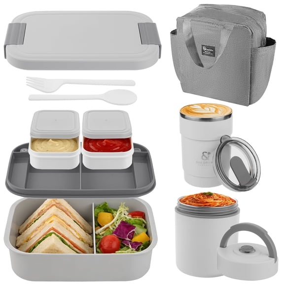 Lumikrypt Bento Lunch Box Set, Leak-proof Lunch Container with 4 Compartment, 10.5oz Soup Thermo Food Jar, Coffee Tumblers, Lunch Bag, for School, Travel, Office