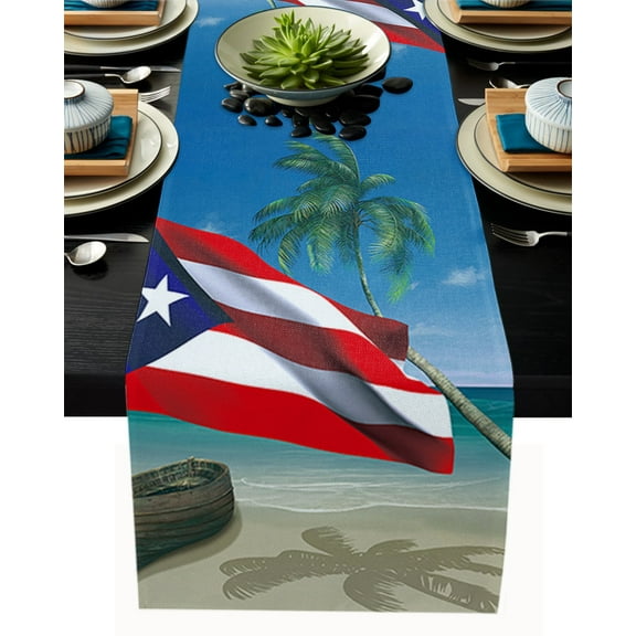 Table Runner Dresser Scarves 90 Inch Long, Puerto Rico National Flag Linen Dining Table Runners Tropical Palm Tree Ocean Sea Beach Tabletop Scarf for Wedding Holiday Party Kitchen