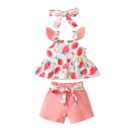 

MissiMae 3Pcs Shorts Set Fly Sleeve Square Neck Strawberry/Flower Print Vest + Tie-up Shorts and Hairband for Baby Girls Summer 3-24M