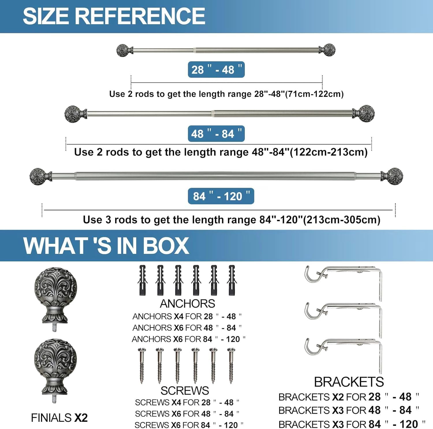 Urbanest Adjustable Single Curtain Rod Set Scroll Ball Finials – 1 - Inch Diameter, With Pewter Rod, 48–84 Inches