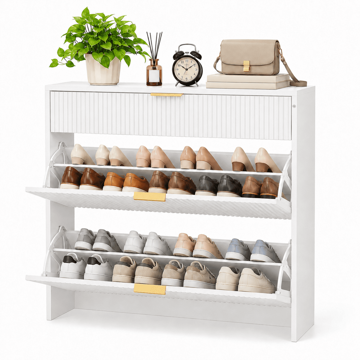 Fluted Flip Drawer Shoe Cabinet 31.5x11.8x43.3 Inch Natural Wood for Entryway Hallway