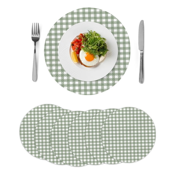 Rustic Checkered Plaid Round Table Placemats set of 6, Sage Green Washable Woven Place Mats for Dining Tables Kitchen Party Decor,Heat Proof, 13in,