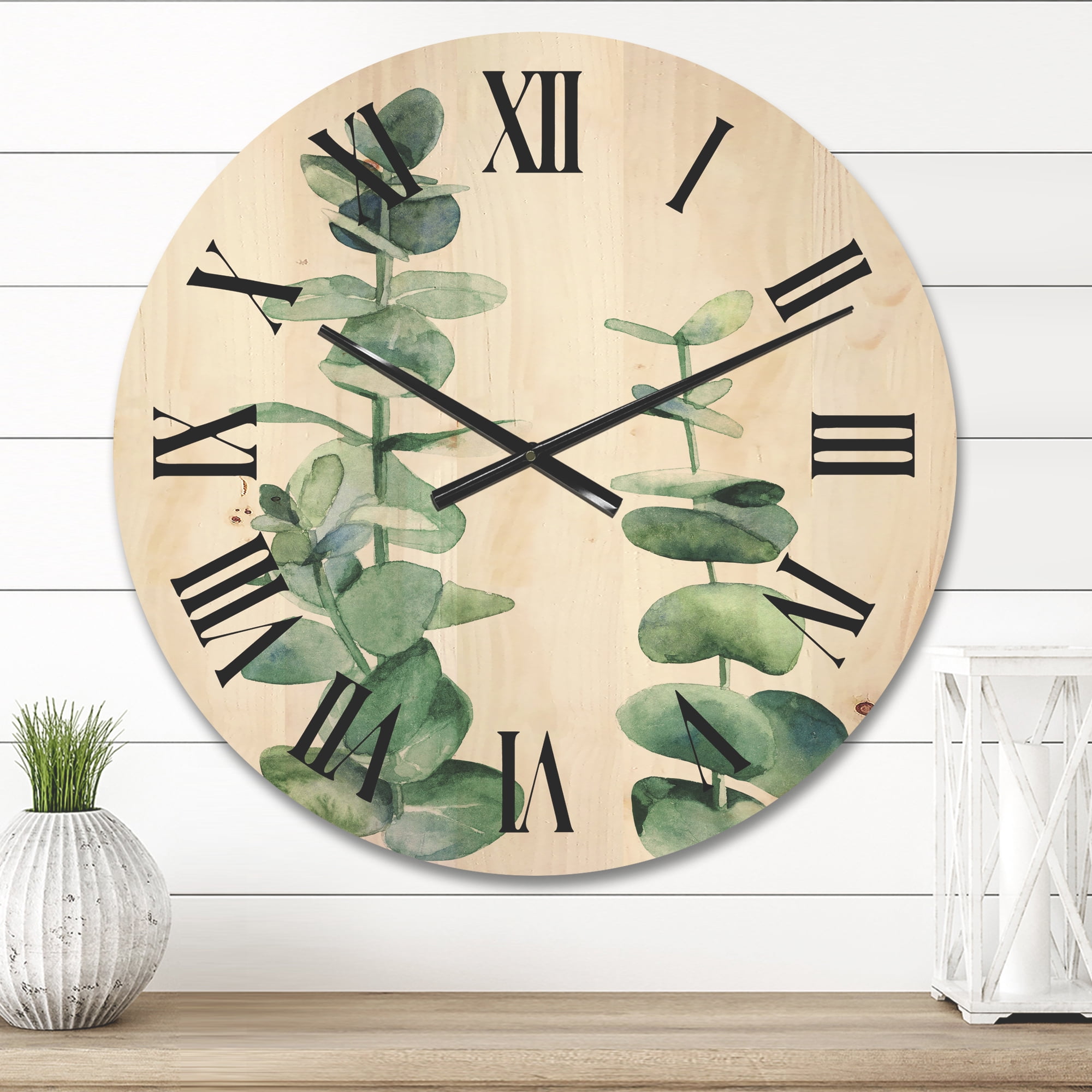 Designart 'Green Eucalyptus Branch' Tropical Wood Wall Clock