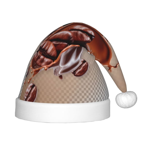 Fuzoiu Coffee Beans Chocolate Splash Print Santa Hat Christmas Hat for kids,Santa Hats with Pompom, Unisex Xmas Holiday Hat for Christmas New Year Festive Party Supplies