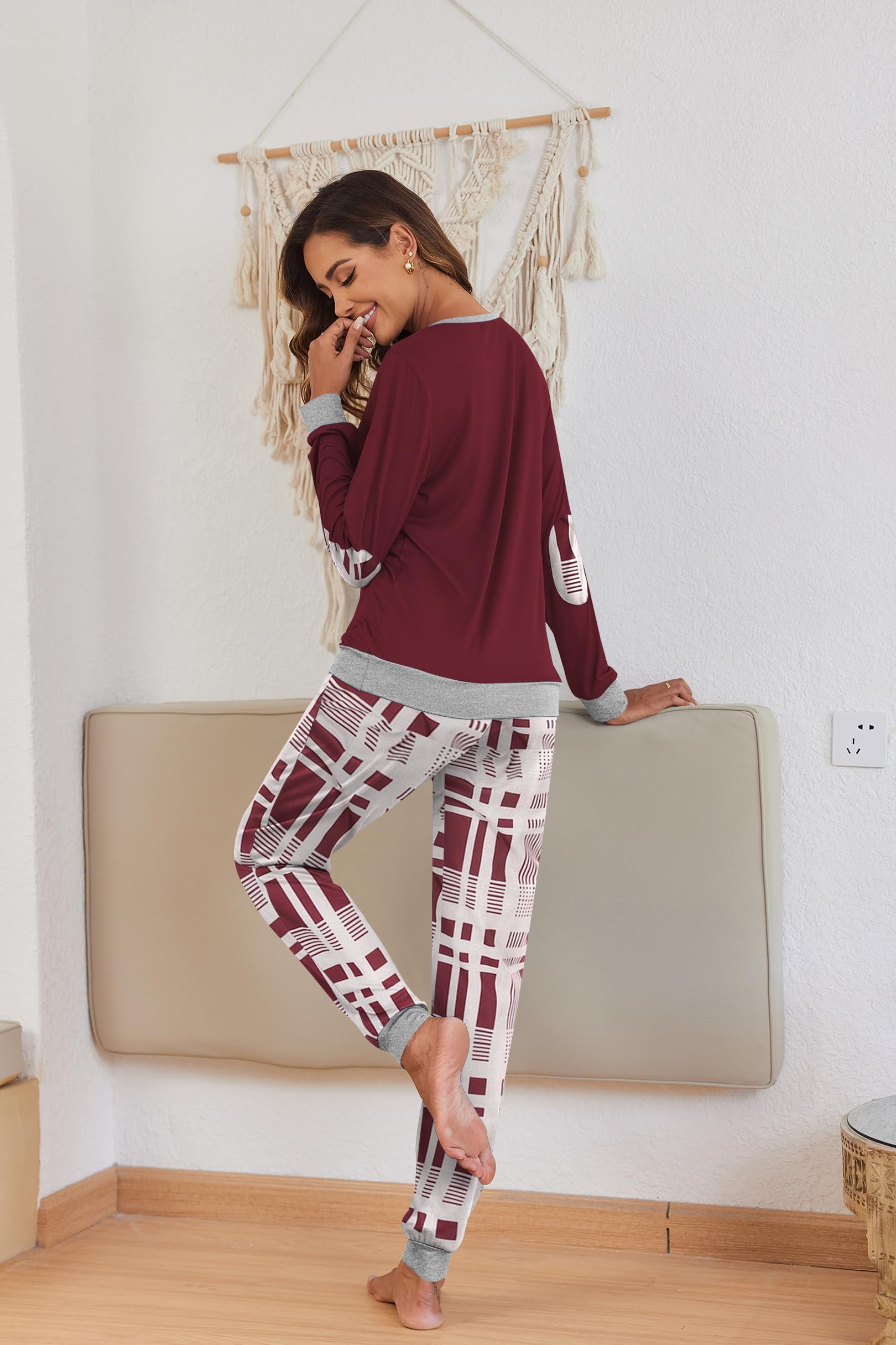 KISSGAL Women Pajama Sets with Pocket Comfy Long Sleeve Pajama with Plaid Jogger Pants Lounge Sets Crew Neck Soft Christmas Sleepwear