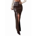 thumbnail image 2 of Women'S High Waist Front Slit Pure Color Simple Style Leather Pencil Skirt Bodycon Midaxi Dark Brown M, 2 of 8
