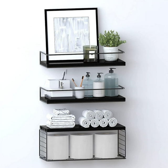 Estante de pared para sala de estar, baño, estante de almacenamiento de pared, estante colgante, canasta de almacenamiento de hierro, estante flotante, partición de madera maciza