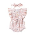 thumbnail image 1 of Gupgi Baby Girl Summer Jumpsuit Infant Floral Print Bow Ruffles Buttons Romper and Headband Set, 1 of 9