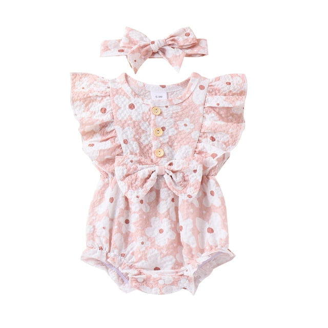 Gupgi Baby Girl Summer Jumpsuit Infant Floral Print Bow Ruffles Buttons Romper and Headband Set
