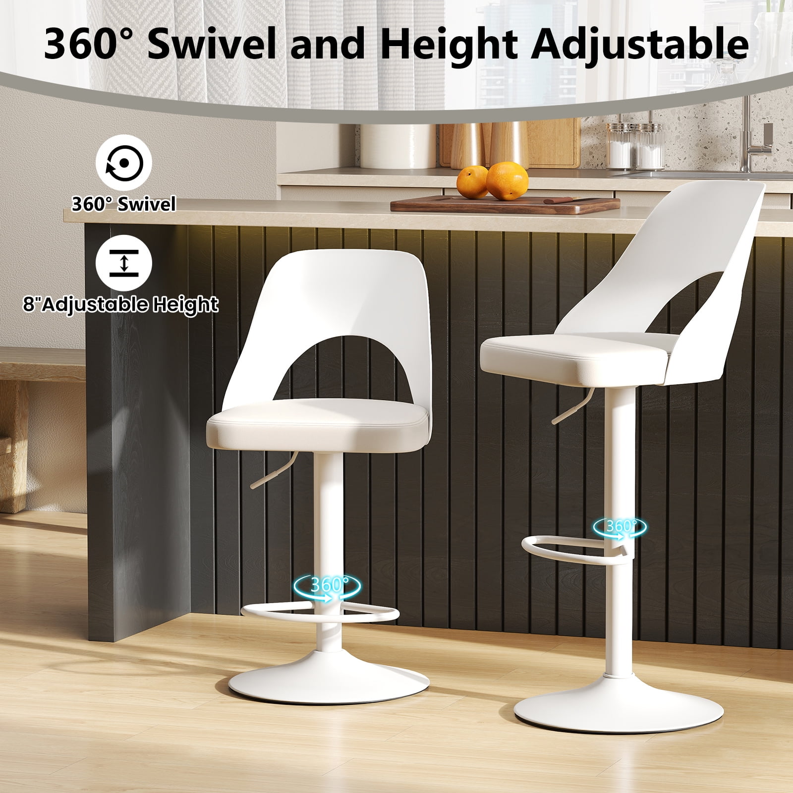 Gymax Bar Stools Set of 2 w/Enlarged PU Leather Seat Footrest Swivel Bar Chairs White