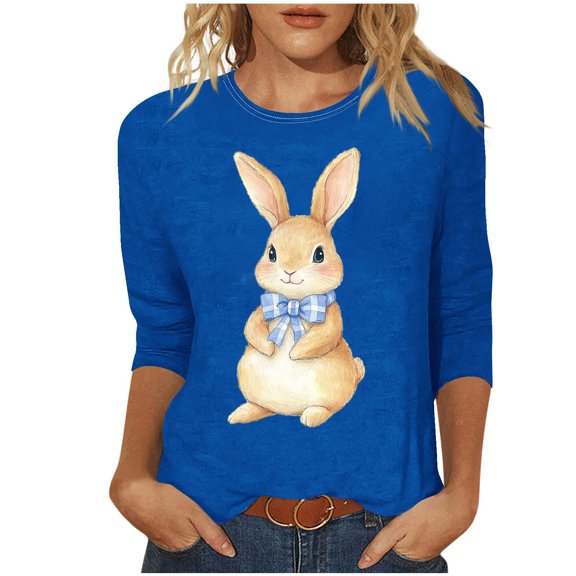 Lady Casual Easter Bunny Blouse 3/4 Sleeve Top Rabbit Design Clothing Women Crewneck Tunic Tees