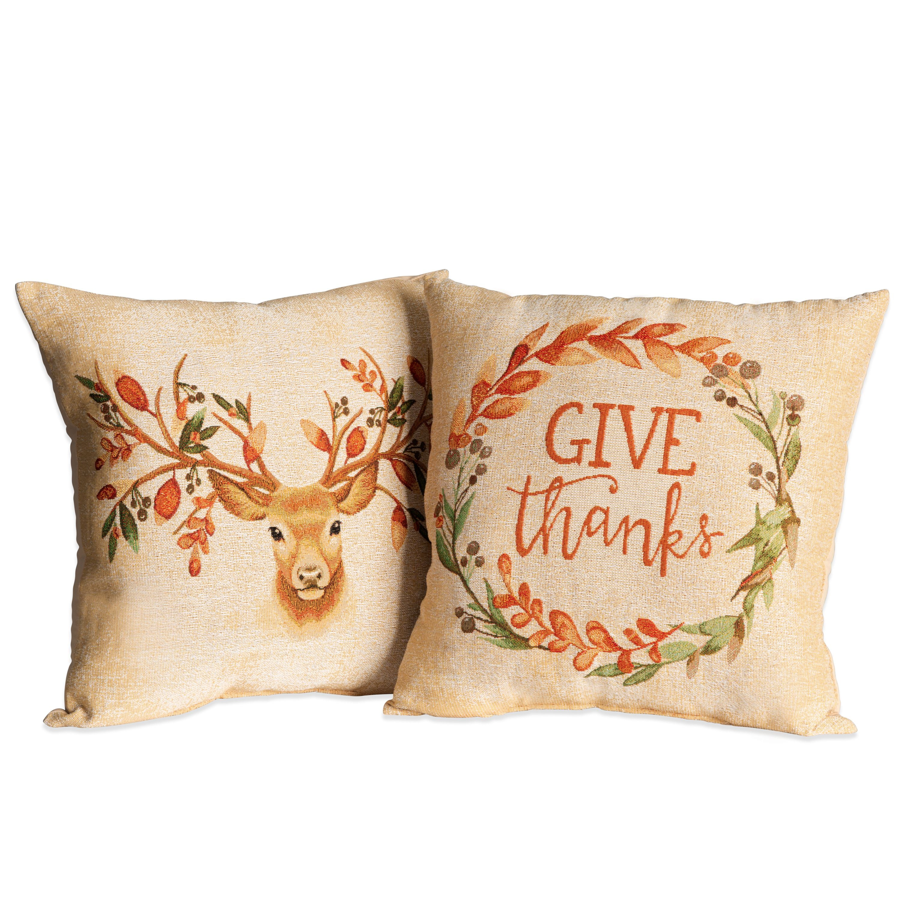 Mainstays Give Thanks Deer Decorative Throw Pillow, 17” x 17”, 2 Pack
