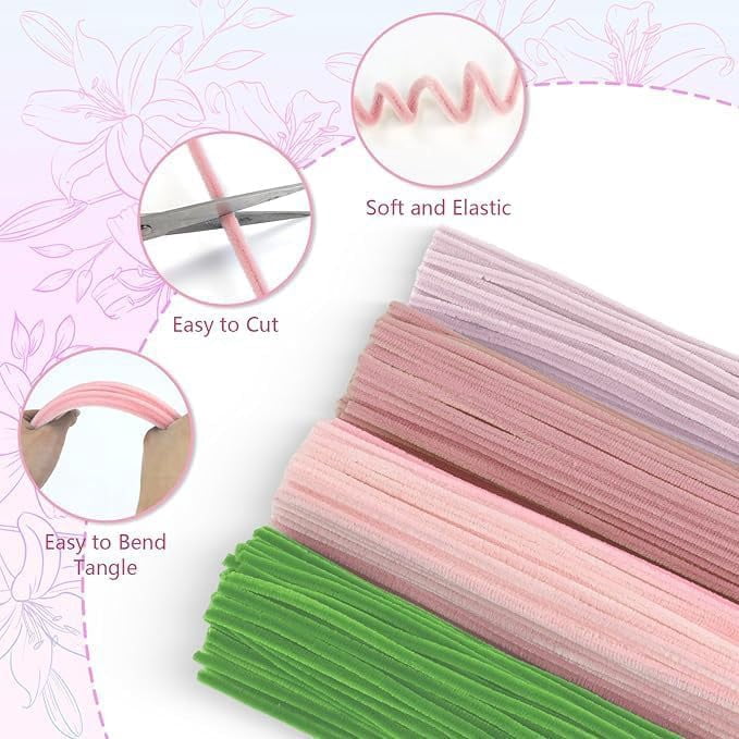 400 Pcs Pink Chenille Pipe Cleaners for DIY Crafts, Soft Fuzzy Stems, Flower Bouquet Art