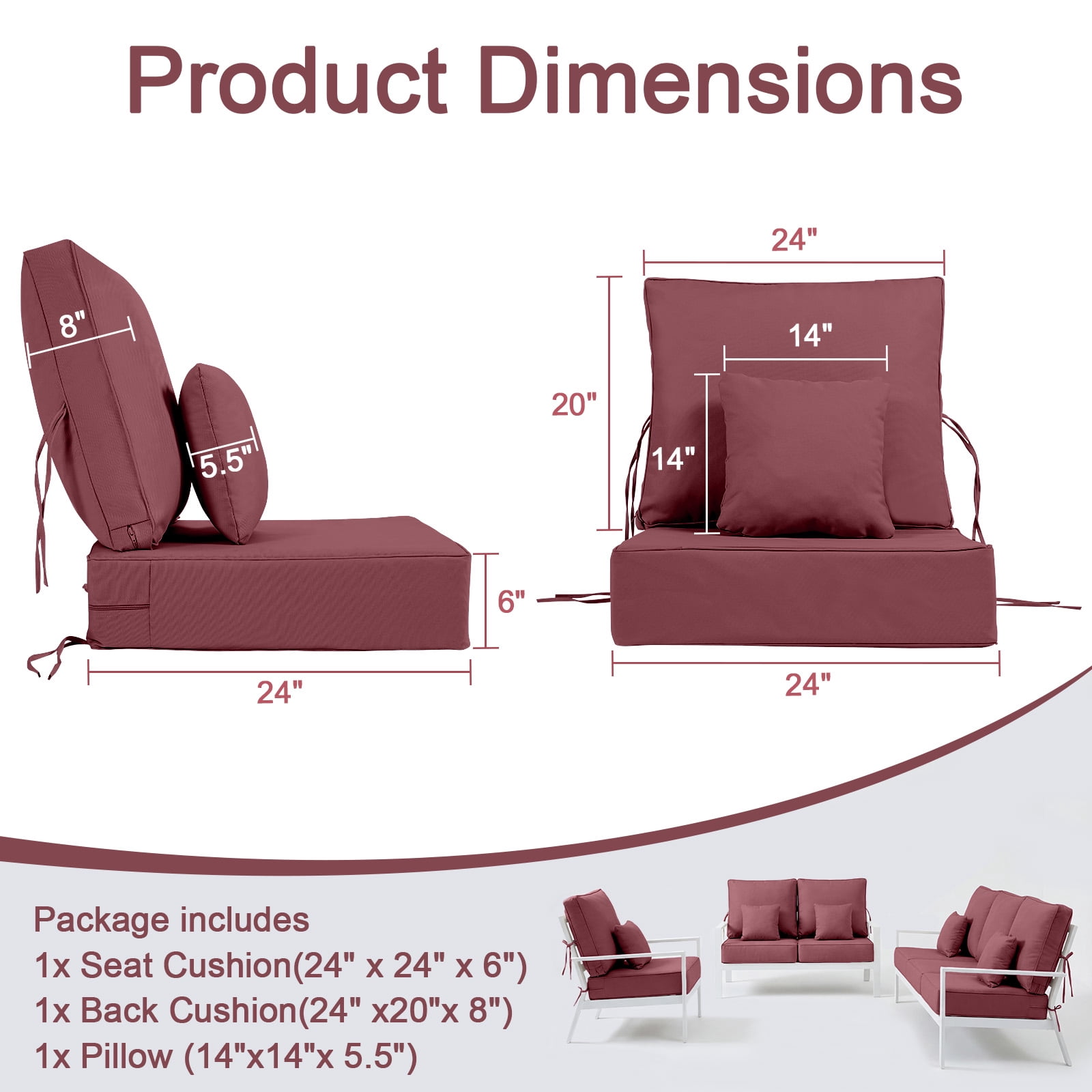 Outdoor Chair Cushions 24 x 24 x 6 inch for Patio Furniture, Fade & Water Resistant Patio Cushions with Removable Cover and Straps, Red