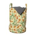 thumbnail image 1 of Floral Laundry Bag, Repetitive Pattern Curved Flower Shaped Motifs and Butterflies, Basket with Handles Drawstring Closure for Laundromats, 13" x 19", Cream Orange and Olive Green, by Ambesonne, 1 of 4