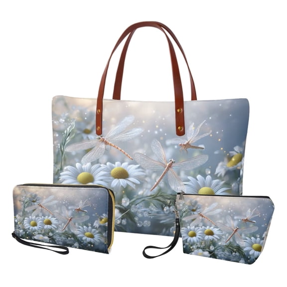 DISNIMO Dragonfly Daisy Print Tote Bag Purse Handbag and Wallet Set with Cosmetic Bag Large Top Handle Satchel Handbag for Work Party Shopping